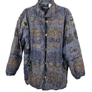Nancy K Vtg Jacket 90s Folk Animals Boho Wooden Buttons Puffy Comfy Warm Nature